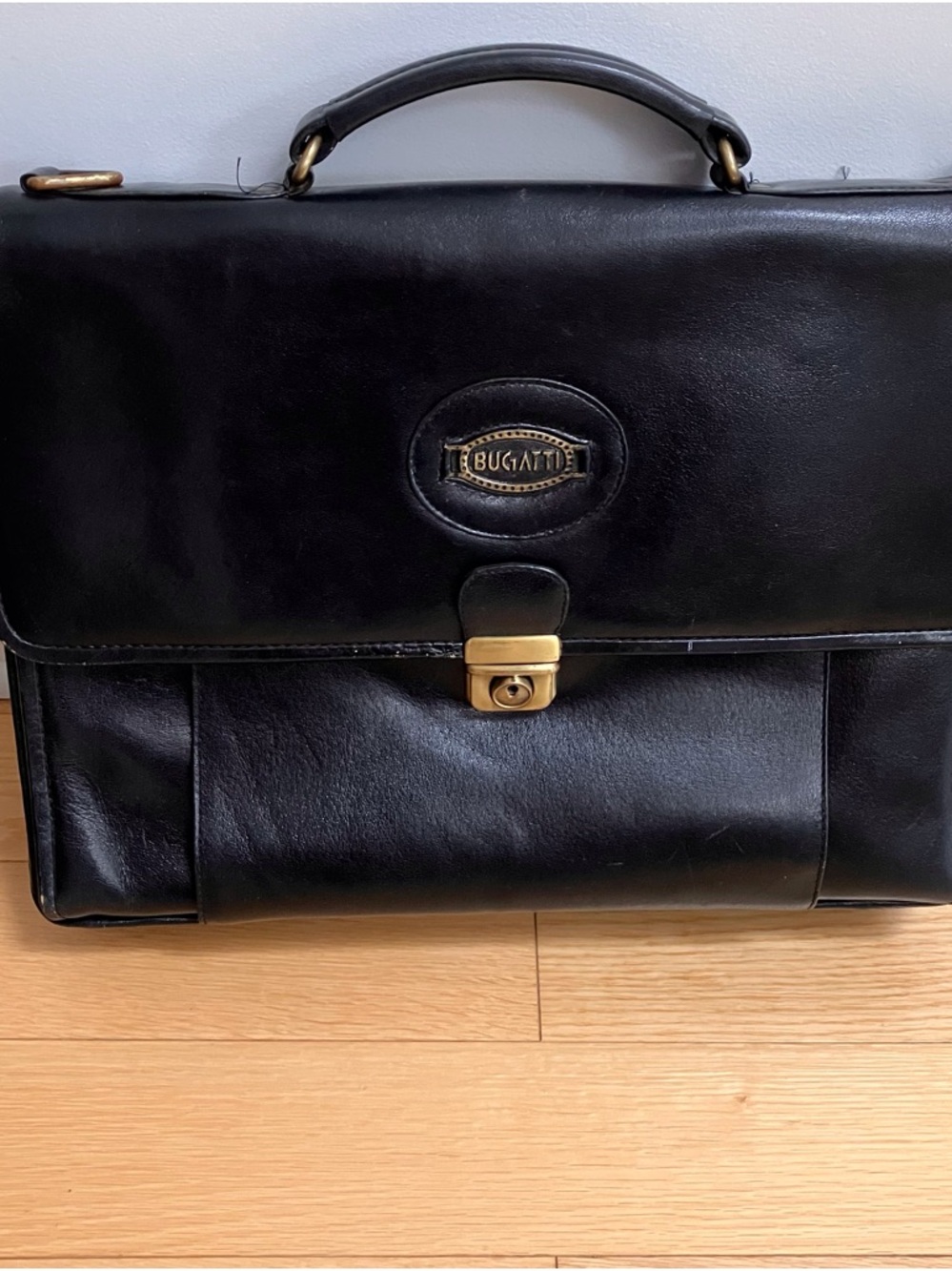 Bugatti Black Leather Briefcase with Gold Hardware